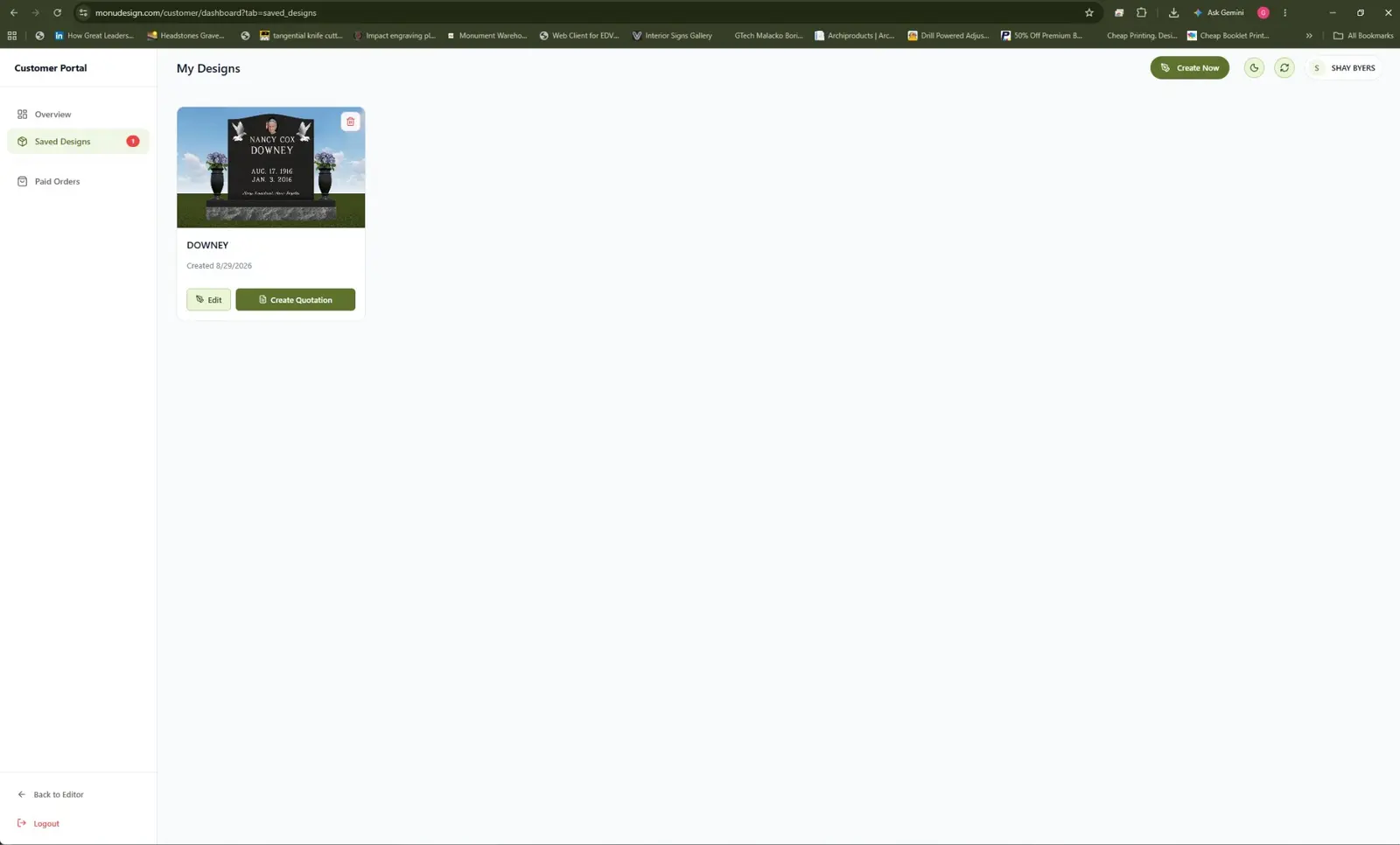 Monument Warehouse customer portal showing a saved design and Create Quotation action